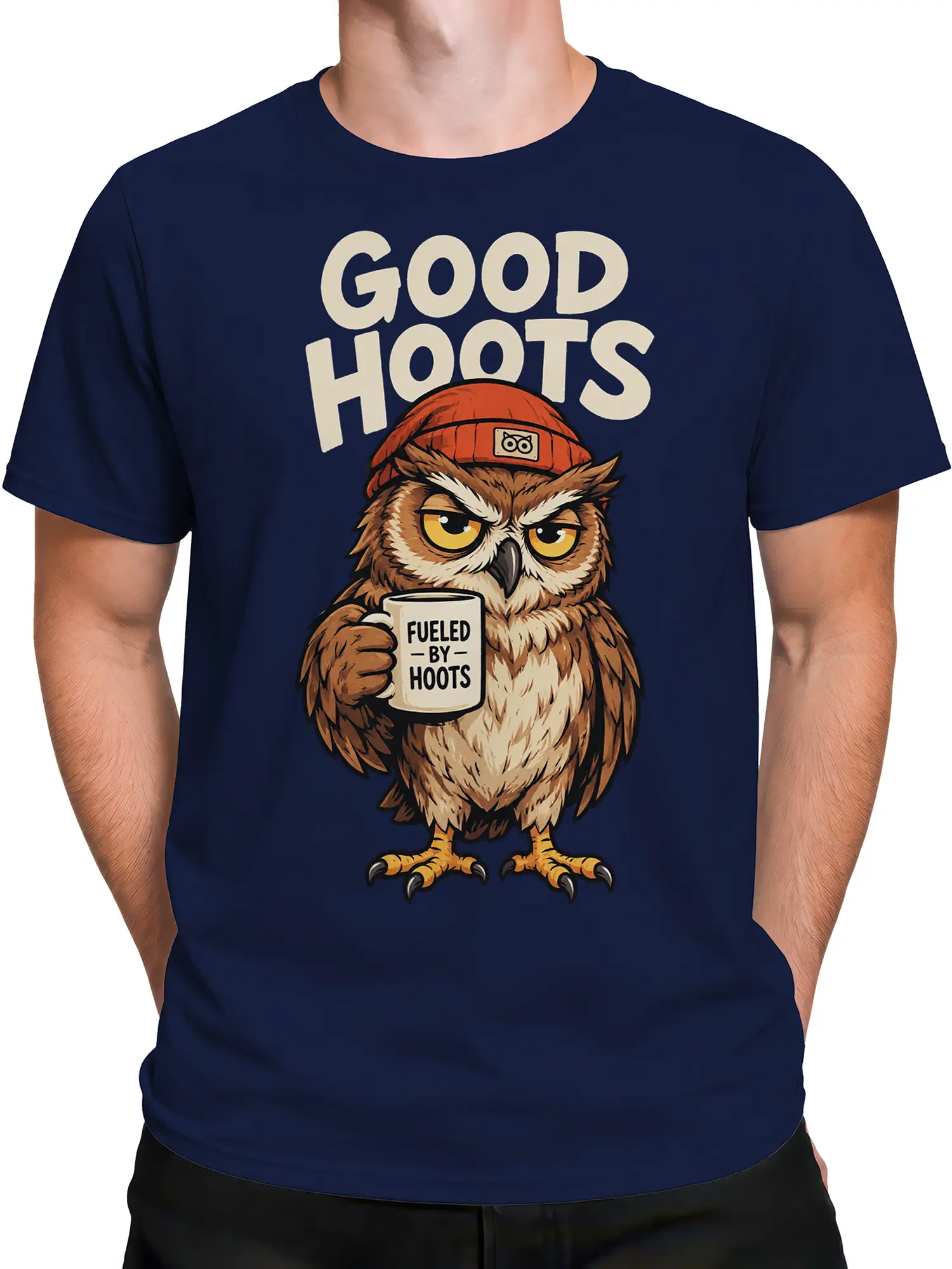 Male torso wearing a navy owl T-shirt with Good Hoots lettering and a mug-holding bird illustration