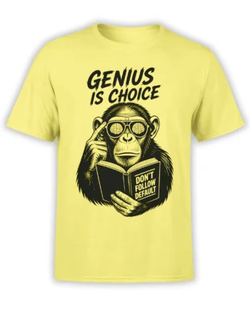 Yellow T-shirt with a black brainy ape reading a book and the message Genius Is Choice