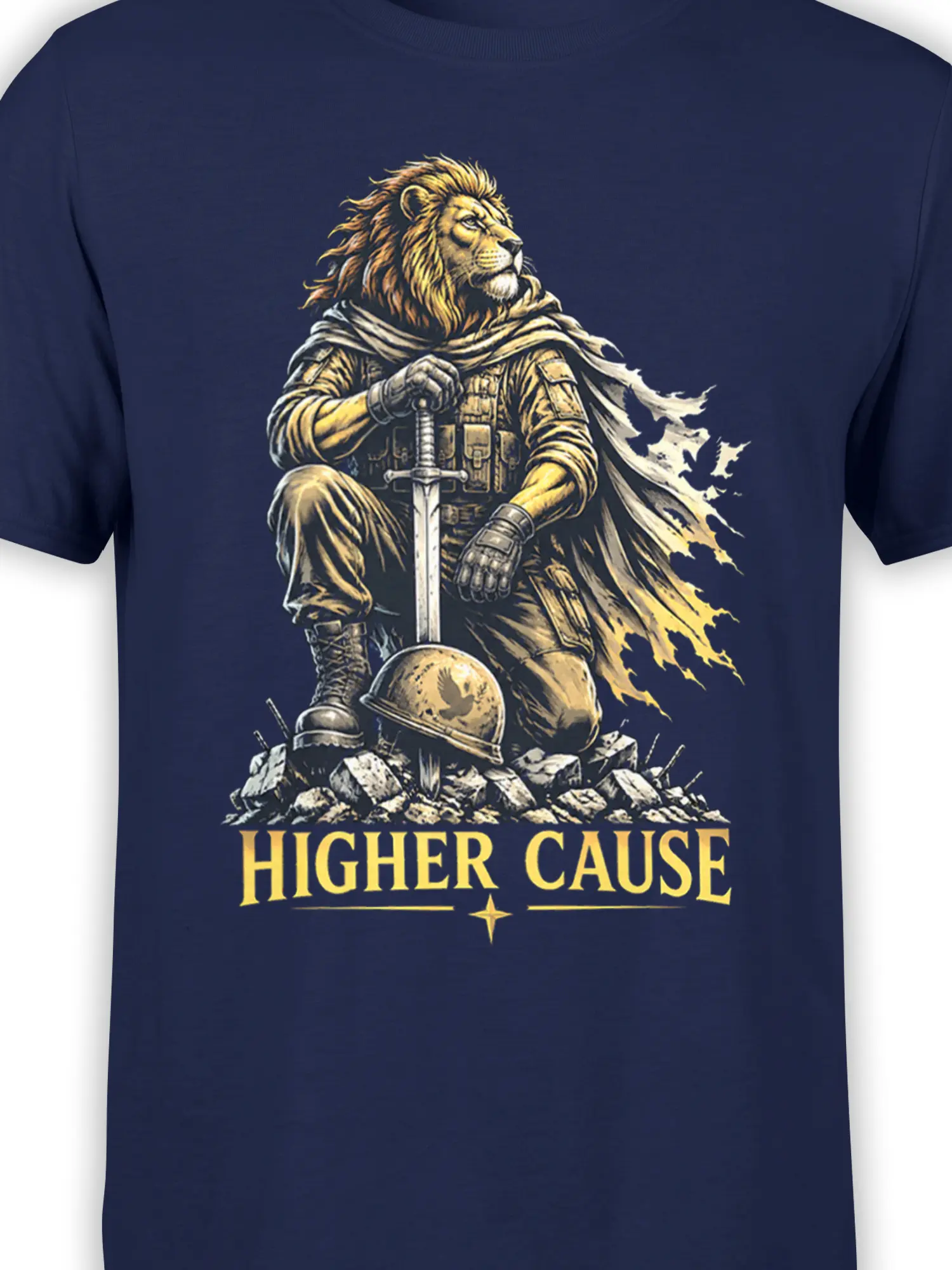 Close-up of lion warrior artwork with sword and “HIGHER CAUSE” lettering on navy fabric