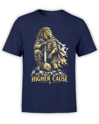 Nav﻿y T-shirt featuring a golden lion warrior with sword, cape, helmet, and “HIGHER CAUSE” text