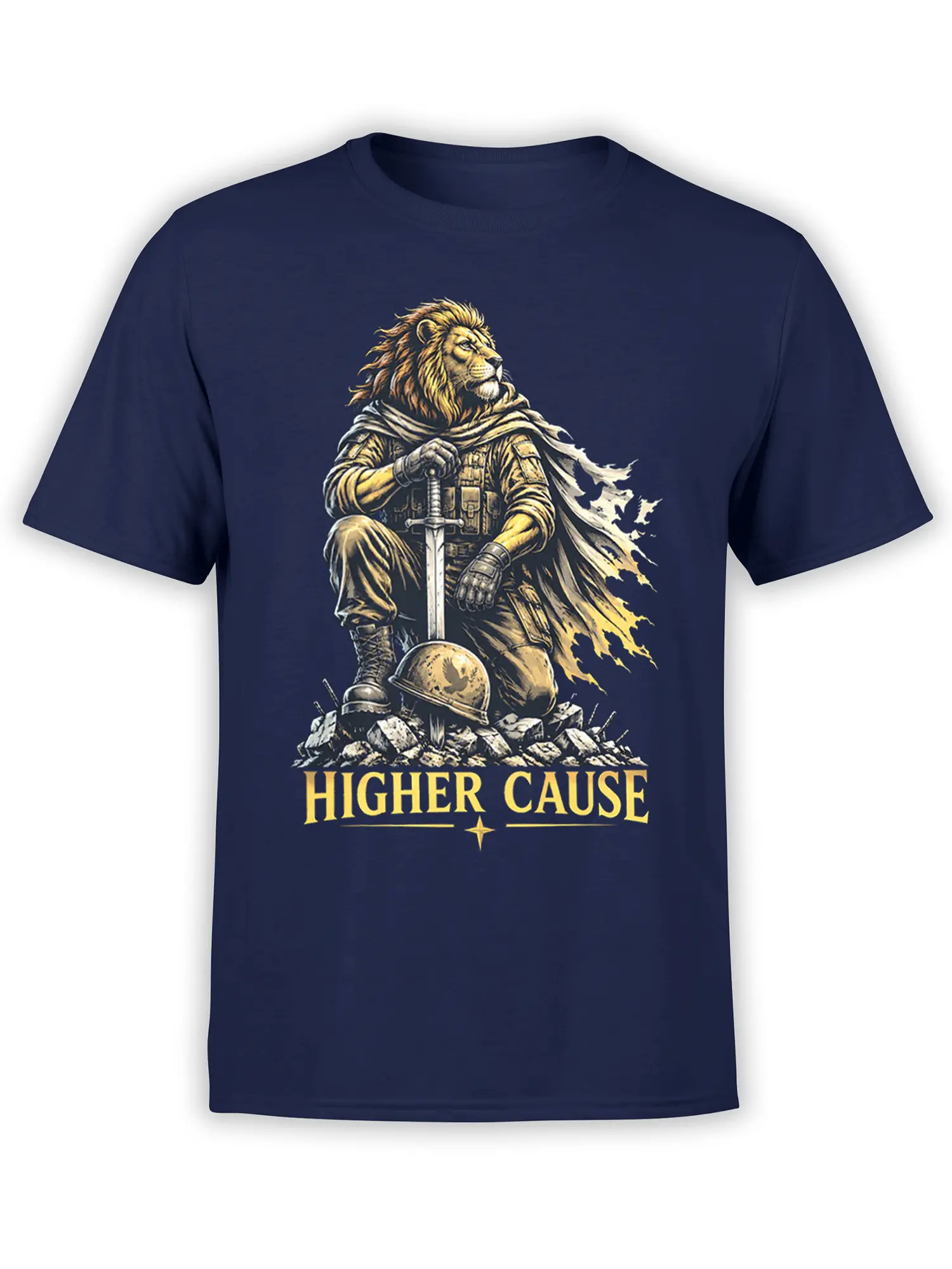 Navy T-shirt featuring a golden lion warrior with sword, cape, helmet, and “HIGHER CAUSE” text