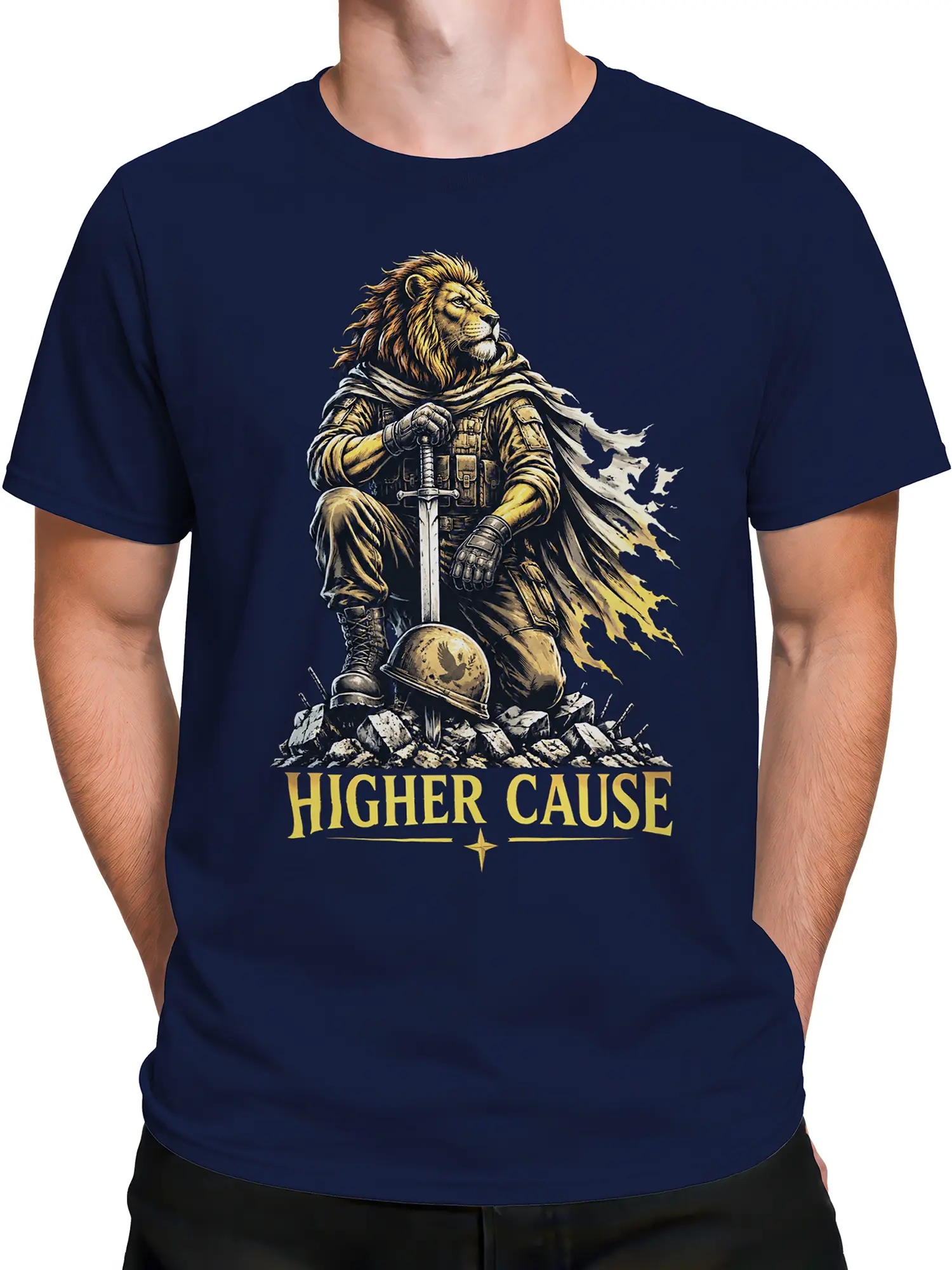 Male torso wearing a navy lion warrior T-shirt with sword and golden “HIGHER CAUSE” artwork