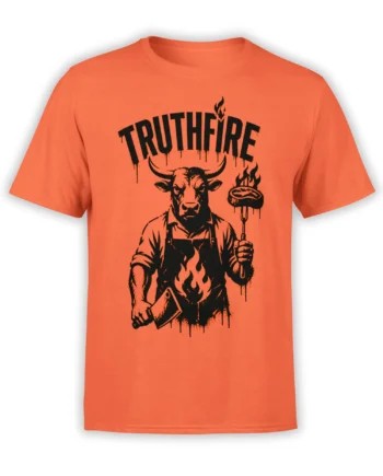 Orange BBQ T-shirt with black bull chef graphic, flames, spatula, and “TRUTHFIRE” text