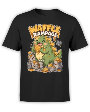 Black T-shirt with a cheerful green dinosaur eating waffles above a syrup-covered city and Waffle Rampage text