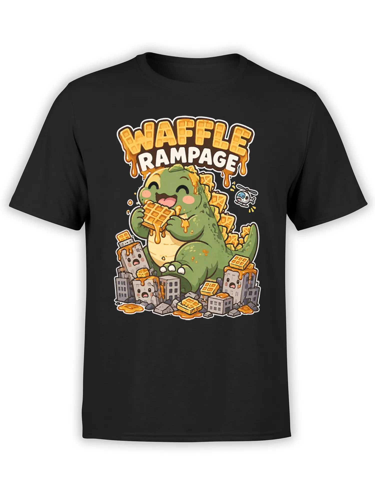 Black T-shirt with a cheerful green dinosaur eating waffles above a syrup-covered city and Waffle Rampage text