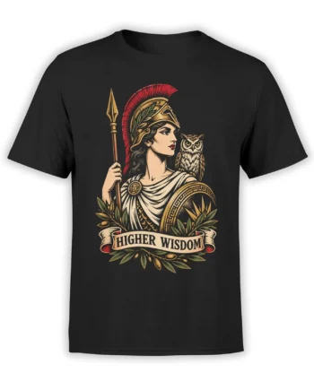 Athena Greek goddess graphic with owl, spear, shield, and Higher Wisdom banner on black T-shirt