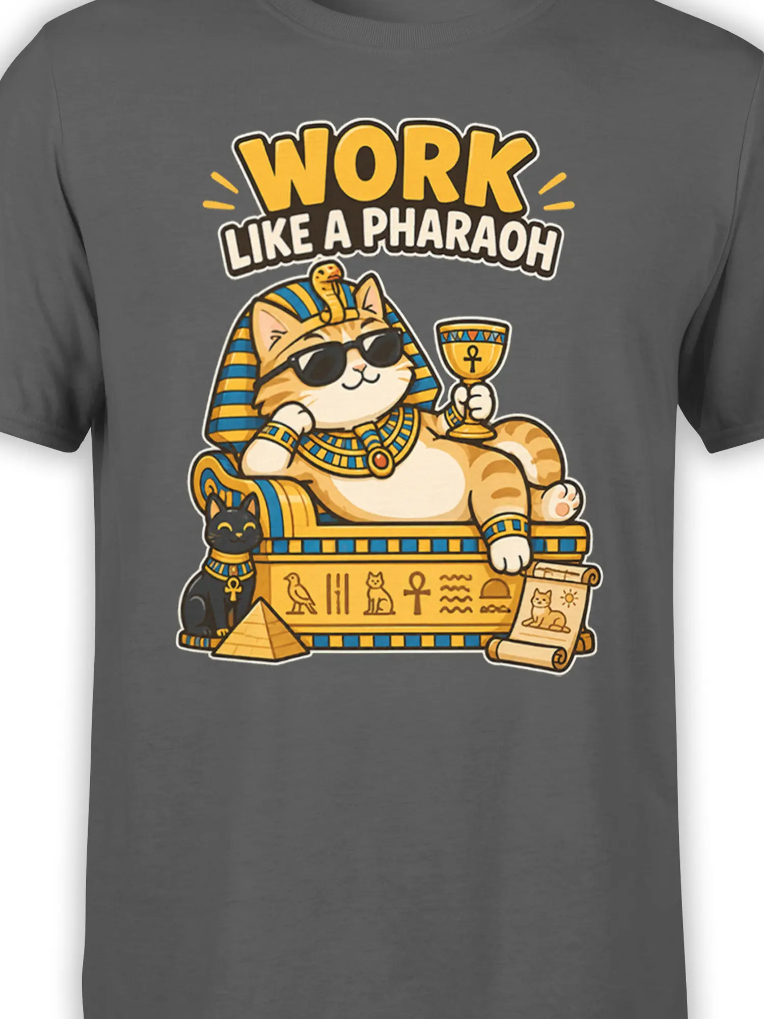 Close-up of Egyptian pharaoh cat graphic with sunglasses, golden headdress, goblet, pyramids, and hieroglyph-style symbols