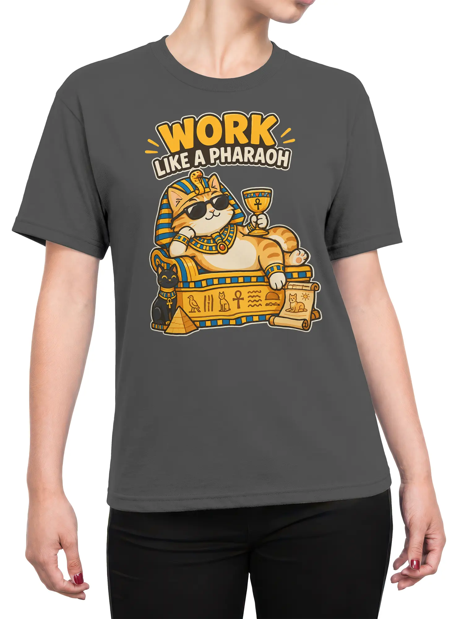 Female torso wearing a gray Egyptian cat T-shirt with a pharaoh cat, pyramids, hieroglyphs, and royal graphic design