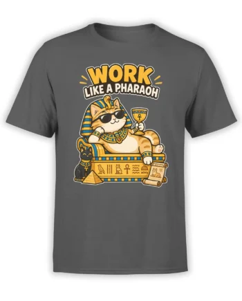 Gray T-shirt with a funny Egyptian pharaoh cat, sunglasses, pyramids, hieroglyphs, and royal artwork