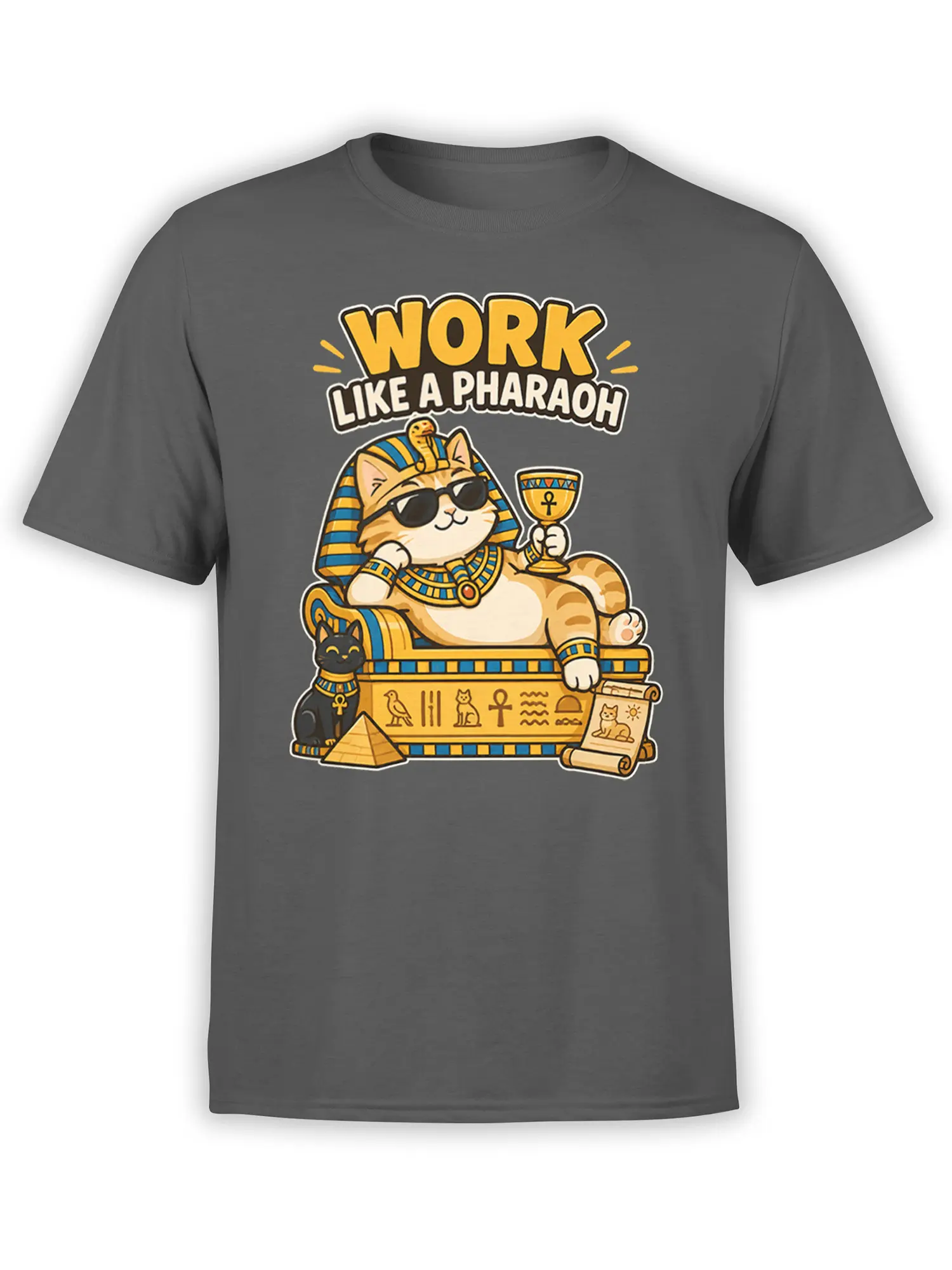 Gray T-shirt with a funny Egyptian pharaoh cat, sunglasses, pyramids, hieroglyphs, and royal artwork