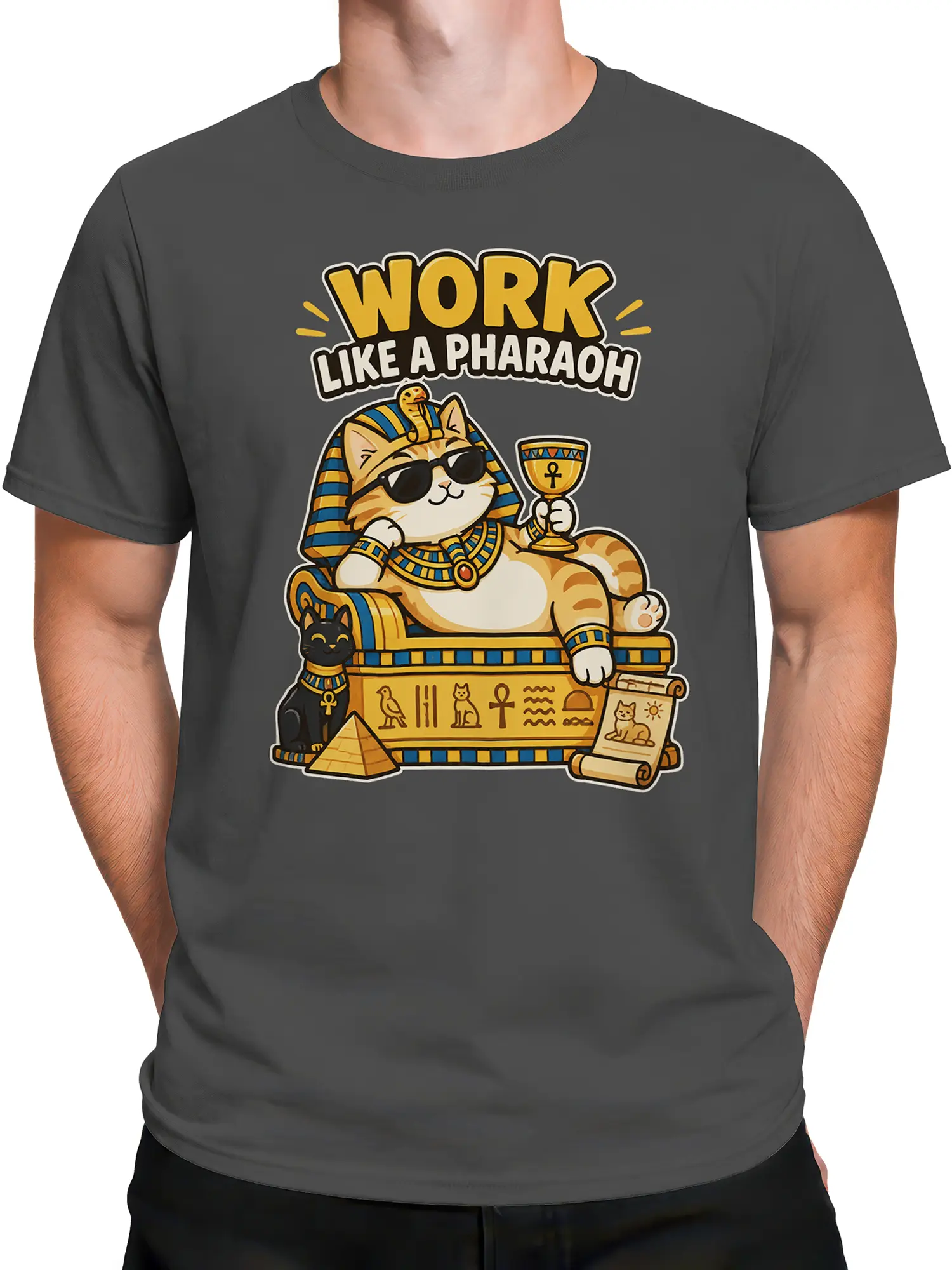 Male torso wearing a gray Egyptian pharaoh cat T-shirt with sunglasses, pyramids, hieroglyphs, and a golden sarcophagus