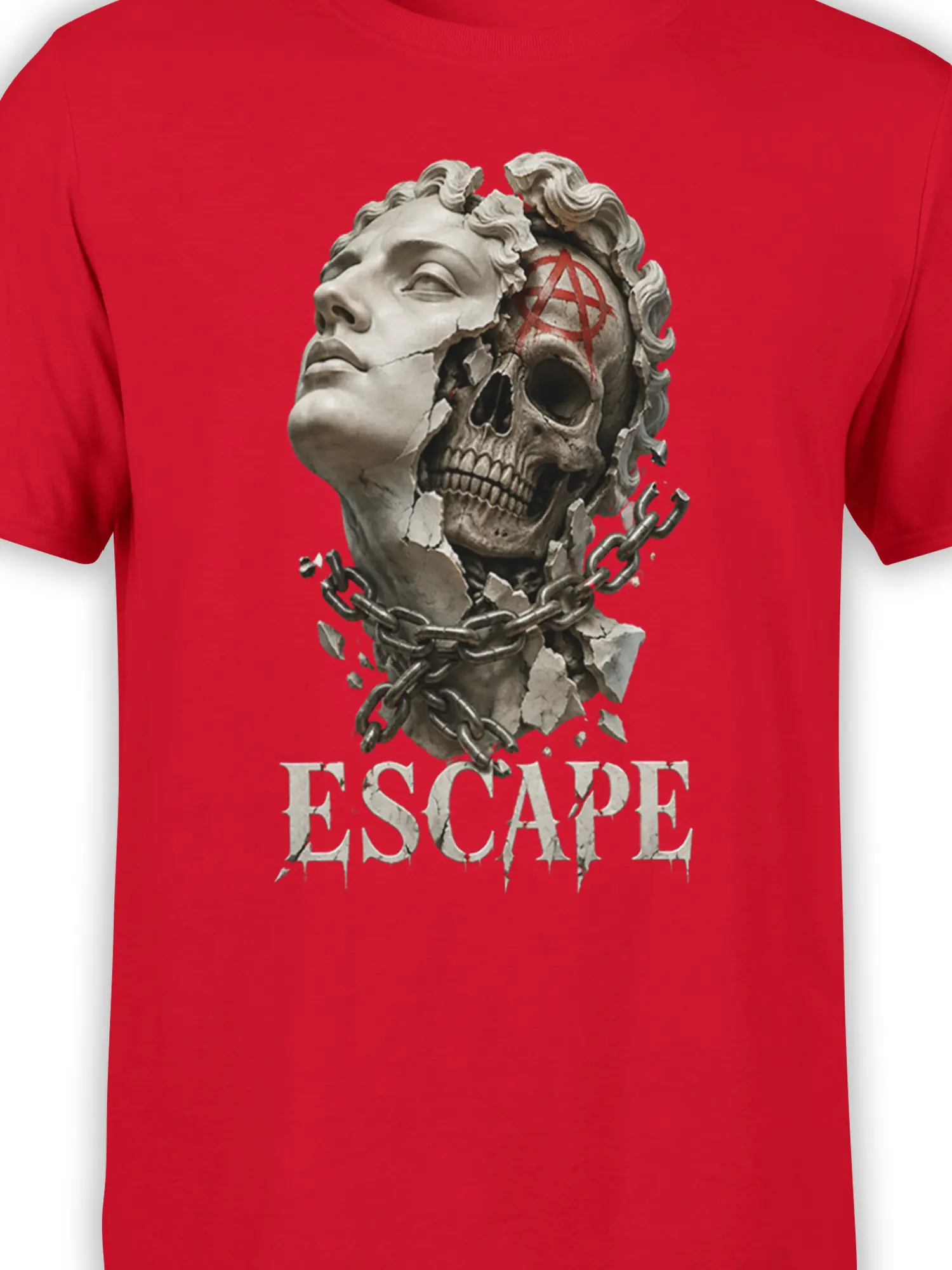 Close-up of red shirt design showing a cracked statue face, skull, chains, and distressed ESCAPE lettering
