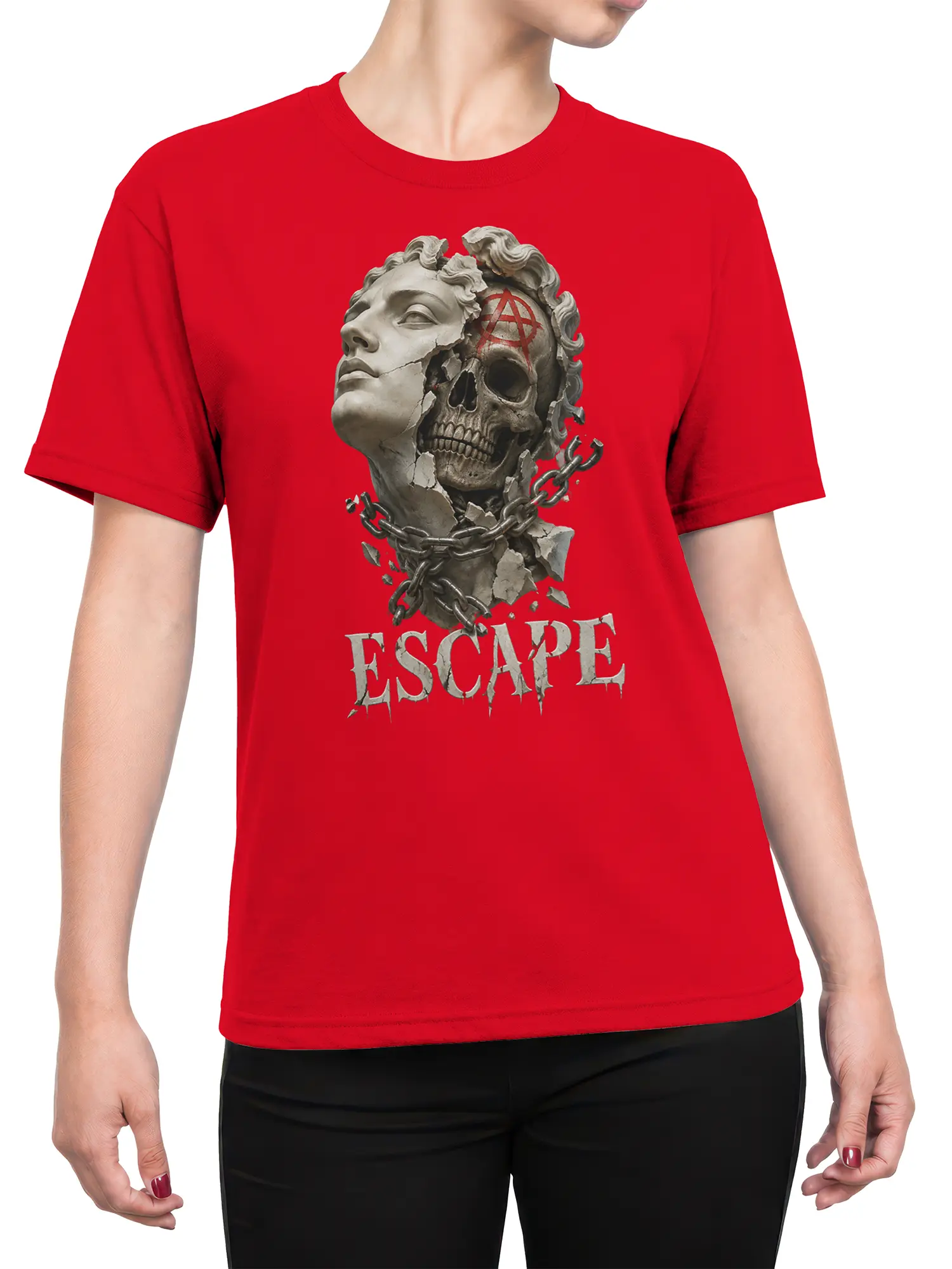Female torso wearing a red skull T-shirt with chains, cracked statue artwork, and bold ESCAPE lettering