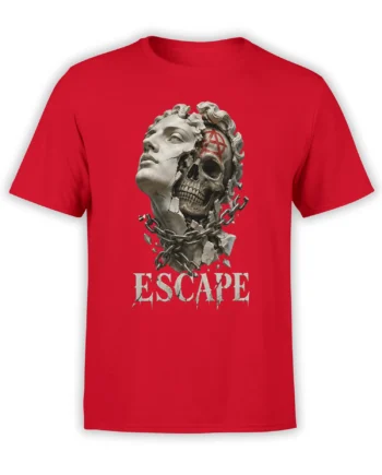 Red skull graphic tee with a cracked marble statue face, chains, anarchy symbol, and ESCAPE lettering