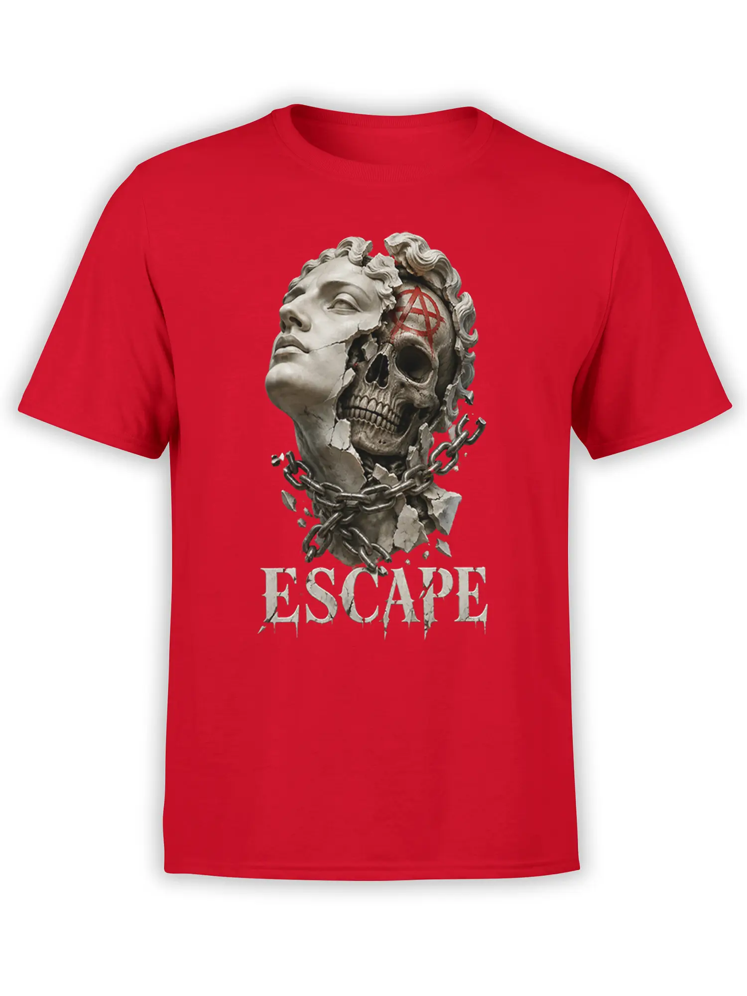 Red skull graphic tee with a cracked marble statue face, chains, anarchy symbol, and ESCAPE lettering