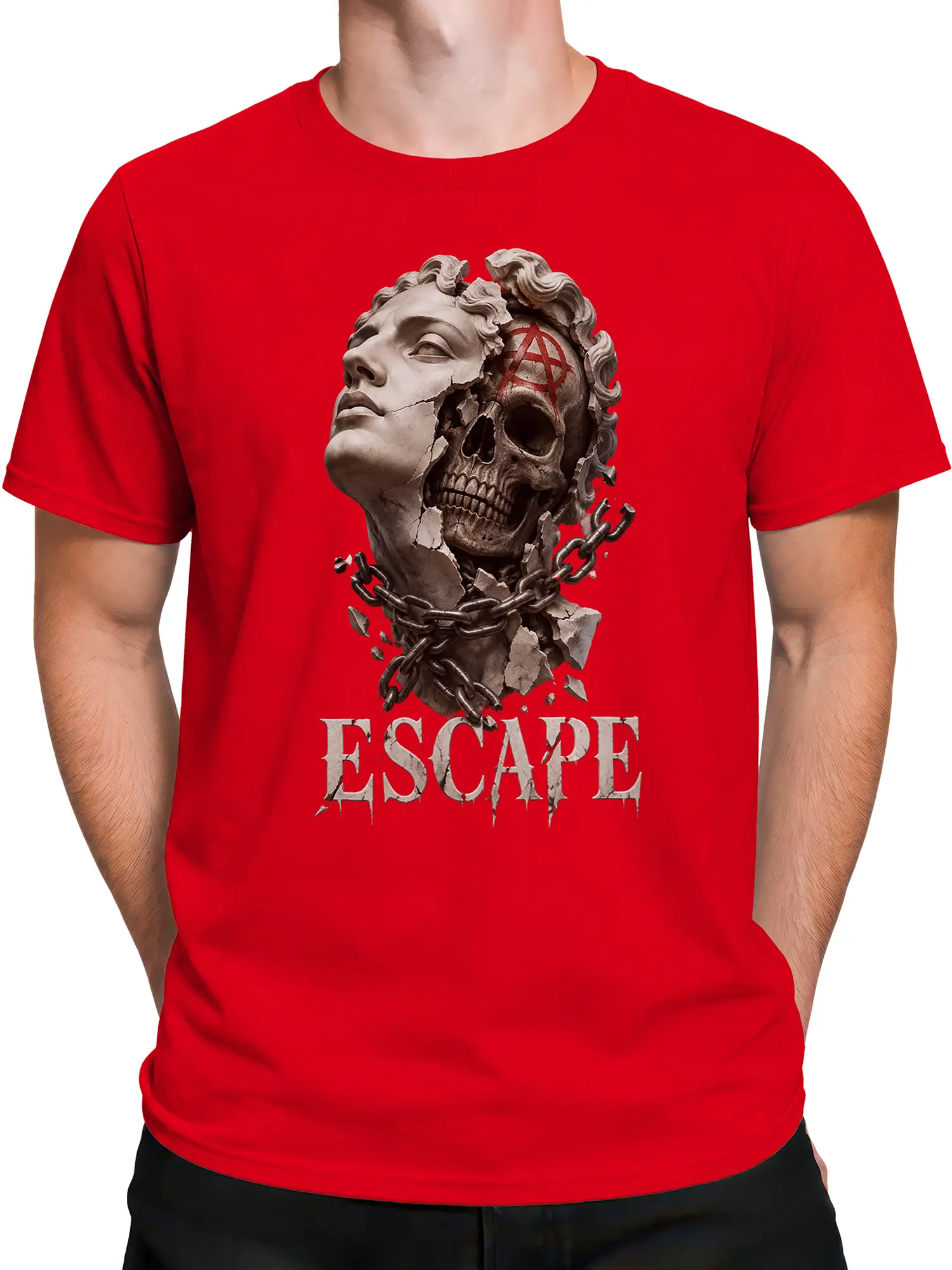 Male torso wearing a red skull graphic tee with cracked statue art and heavy chain details