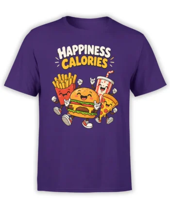 Purple food t-shirt with smiling burger, fries, soda, pizza, and Happiness Calories graphic