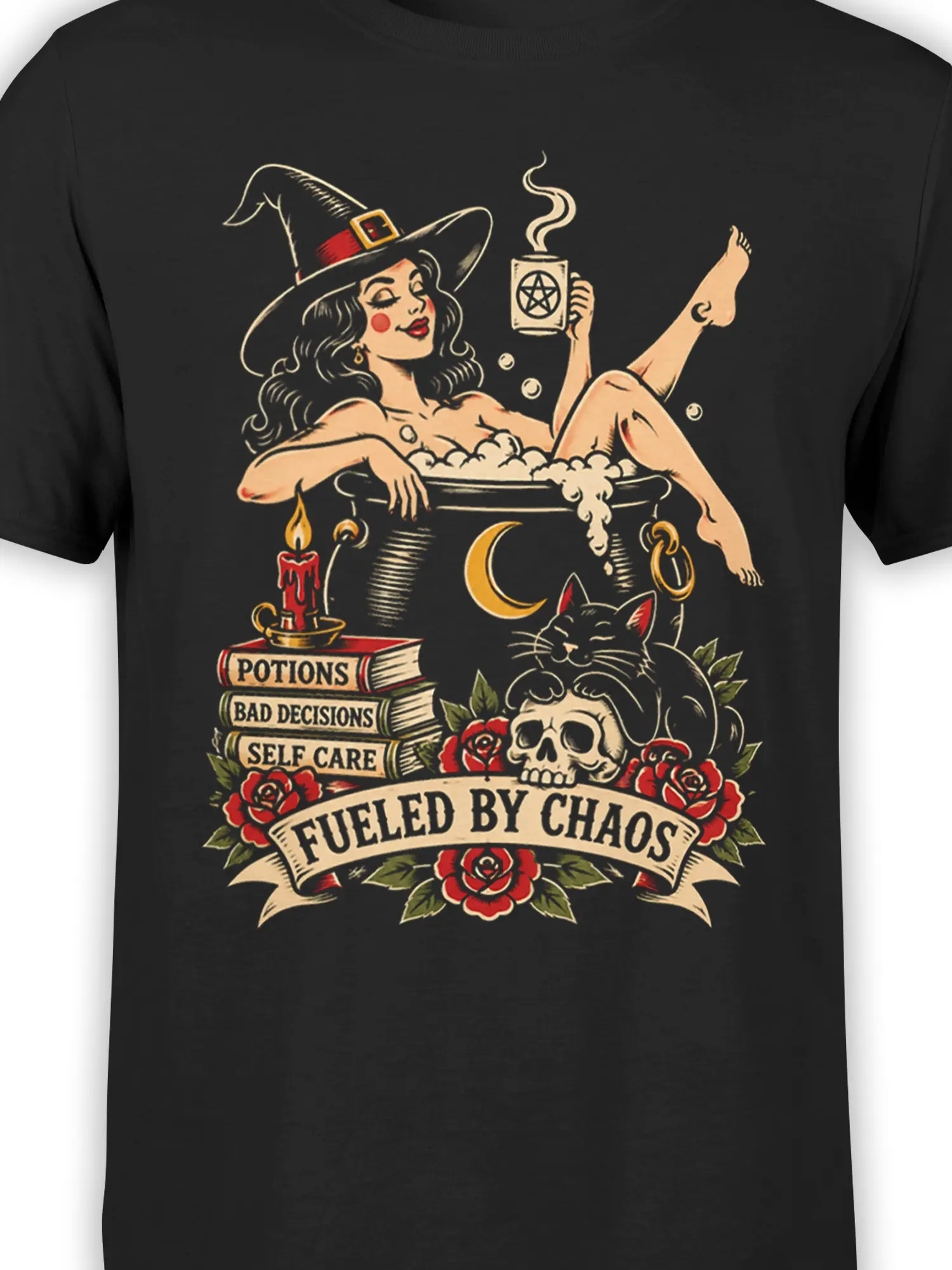 Close-up of vintage witch, black cat, skull, roses, and chaos slogan on black graphic T-shirt