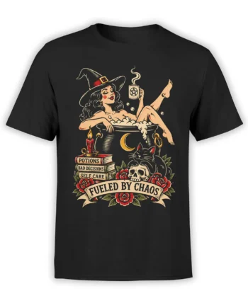 Black witch T-shirt with cat, cauldron, skull, roses, and “Fueled by Chaos” vintage artwork