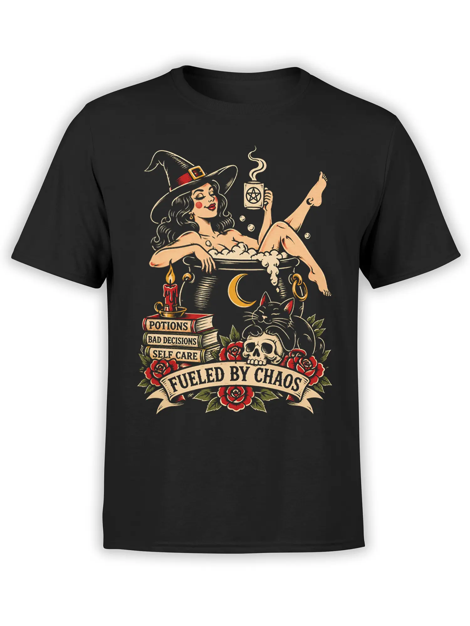 Black witch T-shirt with cat, cauldron, skull, roses, and “Fueled by Chaos” vintage artwork
