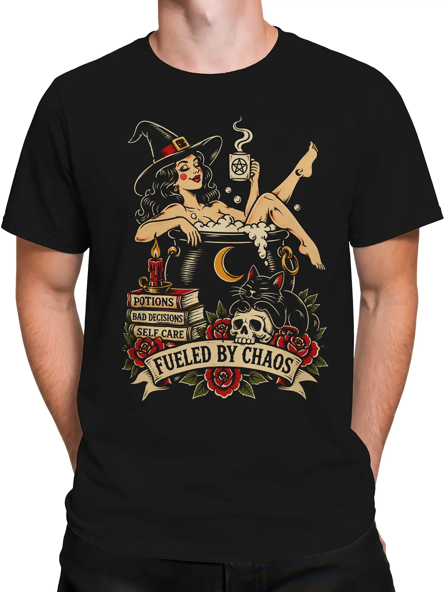 Male torso wearing black witch T-shirt with vintage cat, cauldron, skull, and chaos design