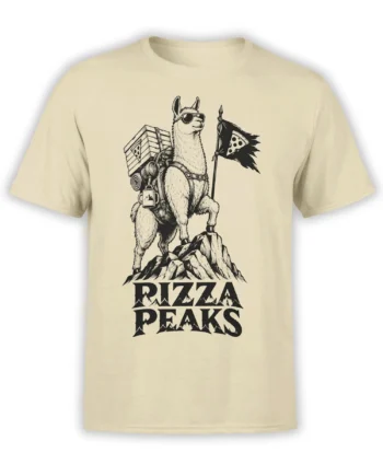 Beige llama hiking T-shirt with sunglasses, backpack, pizza flag, mountain graphic, and Pizza Peaks text