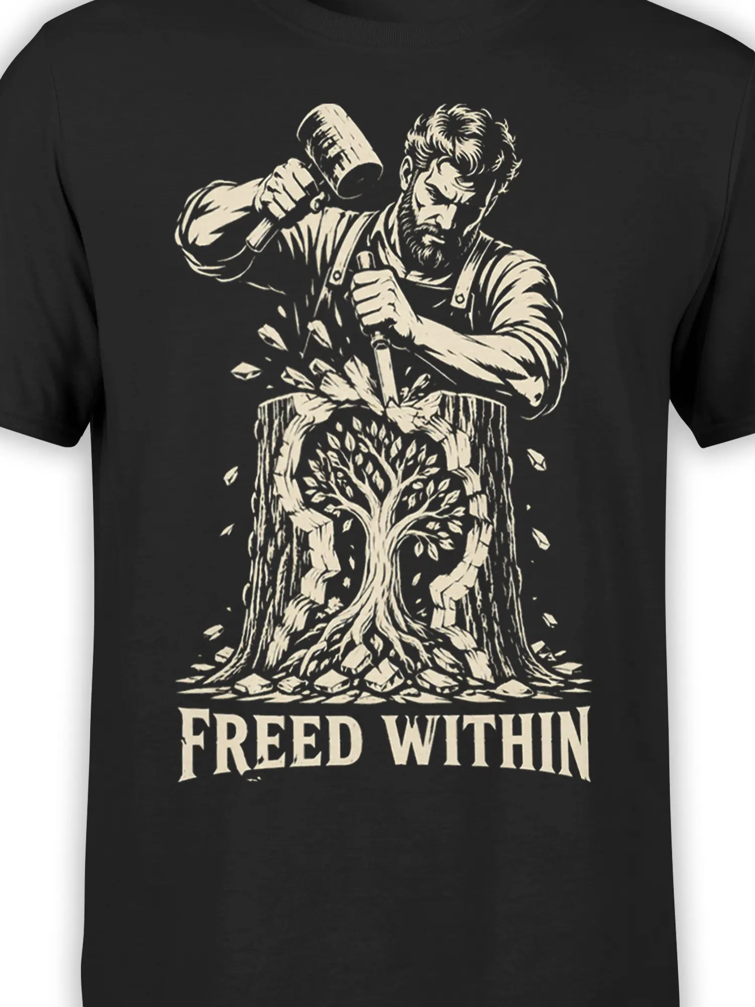 Close-up of the Freed Within design with a bearded man, tree roots, leaves, and cream lettering on black