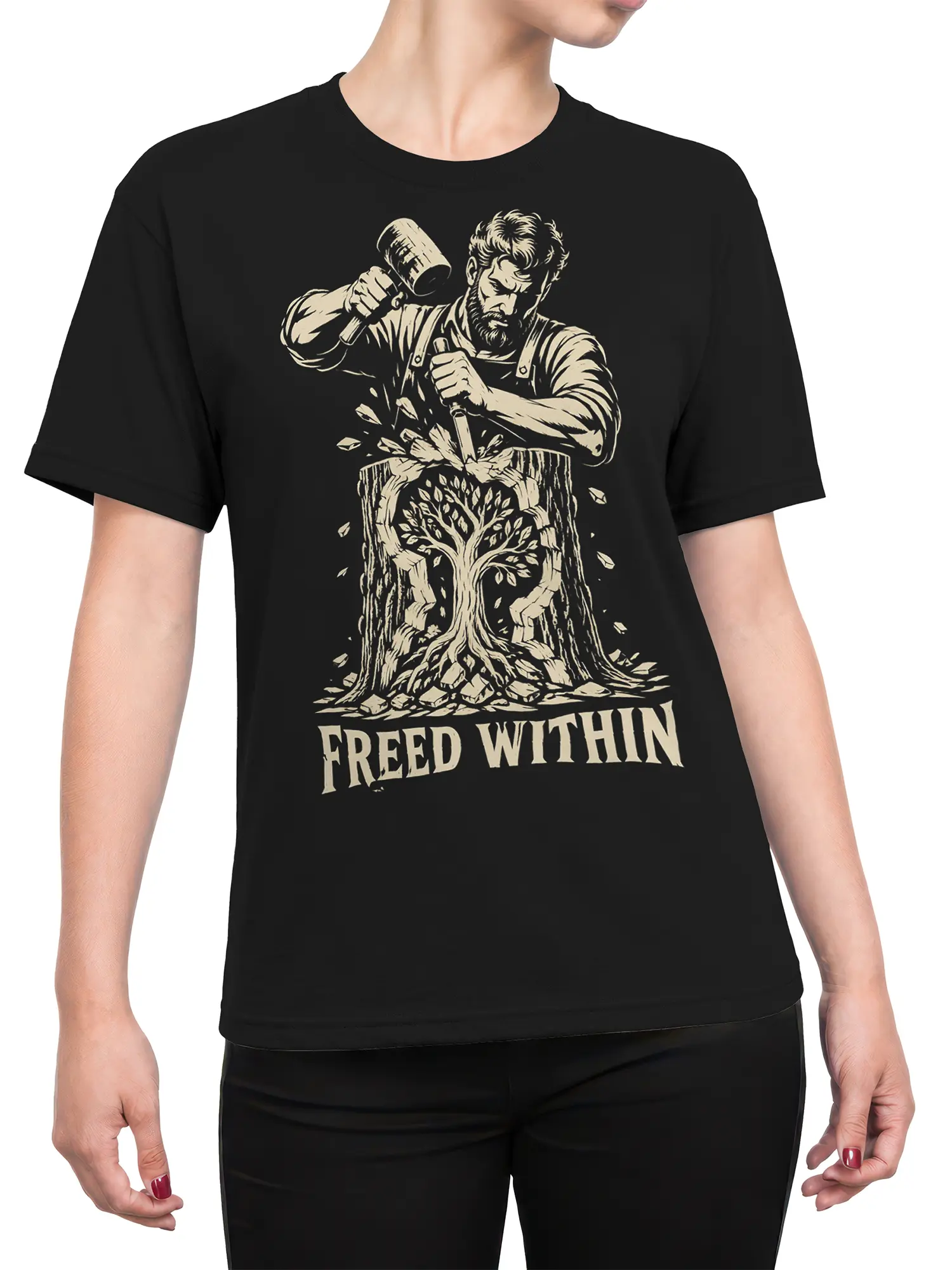 Female torso wearing a black Freed Within graphic tee with vintage tree artwork and bold cream lettering