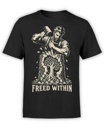 Black graphic T-shirt with a bearded man, hammer, tree stump, and FREED WITHIN lettering