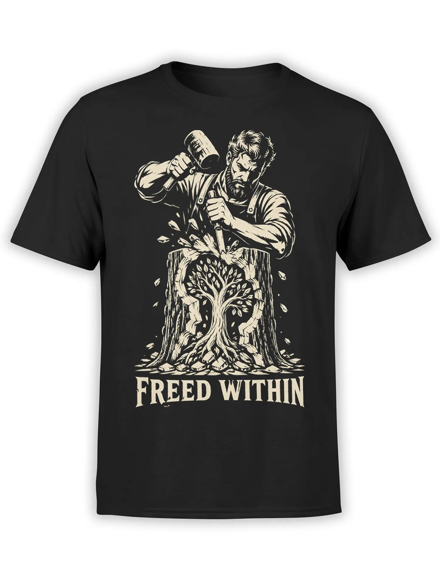 Black graphic T-shirt with a bearded man, hammer, tree stump, and FREED WITHIN lettering