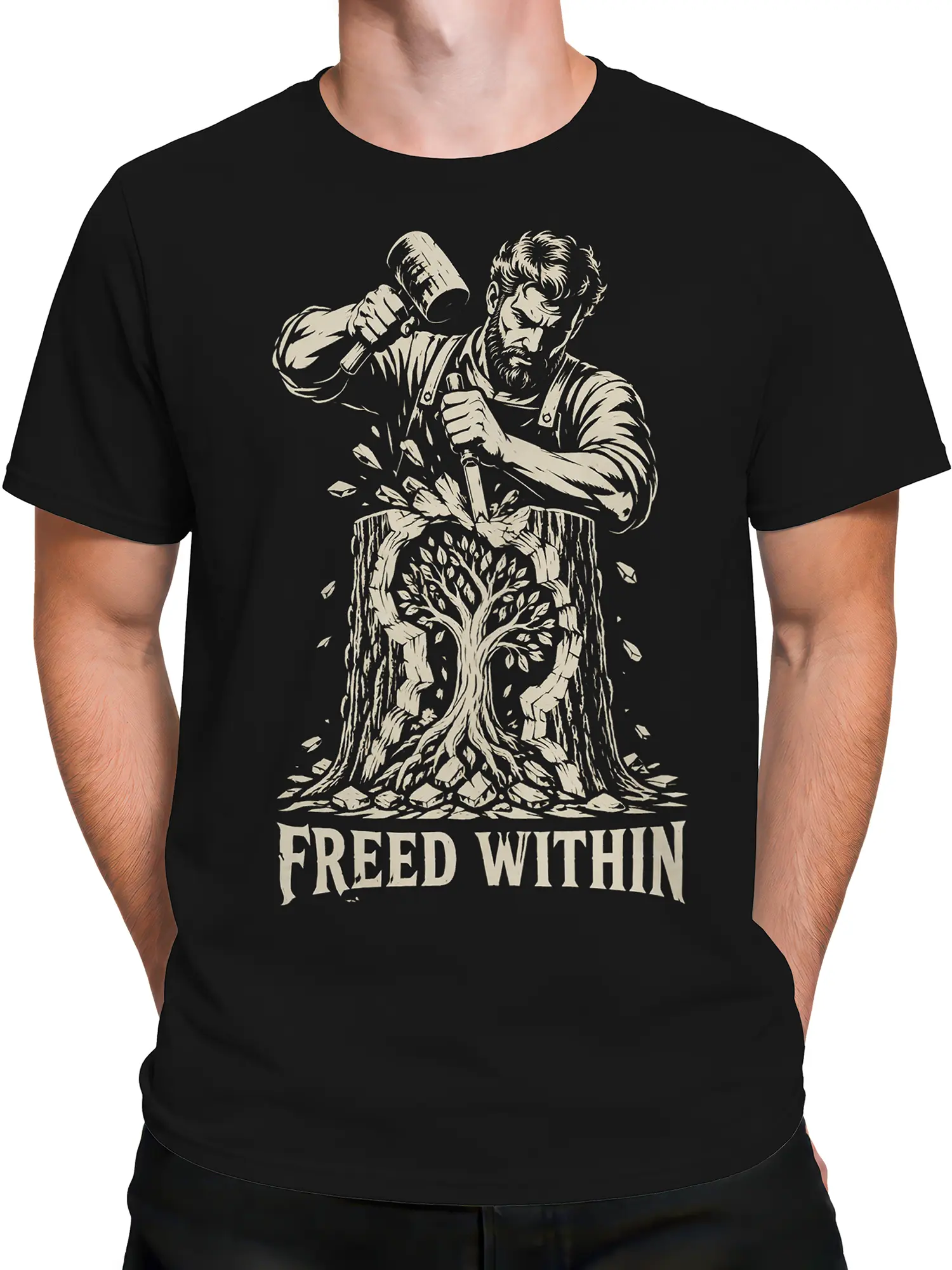 Male torso wearing a black Freed Within graphic tee with bearded man and tree stump artwork