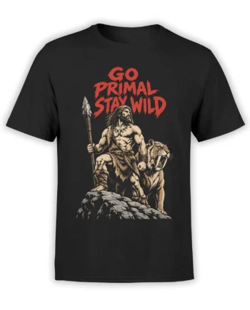 Black T-shirt with prehistoric warrior, spear, roaring saber-toothed tiger, and red “GO PRIMAL STAY WILD” text