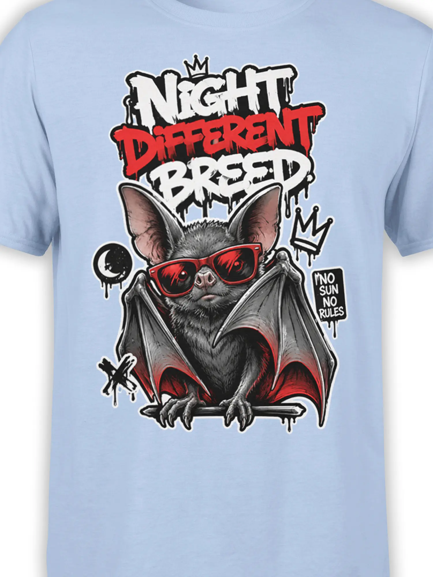 Close-up of crowned bat artwork with red sunglasses and dripping night-themed lettering on light blue fabric