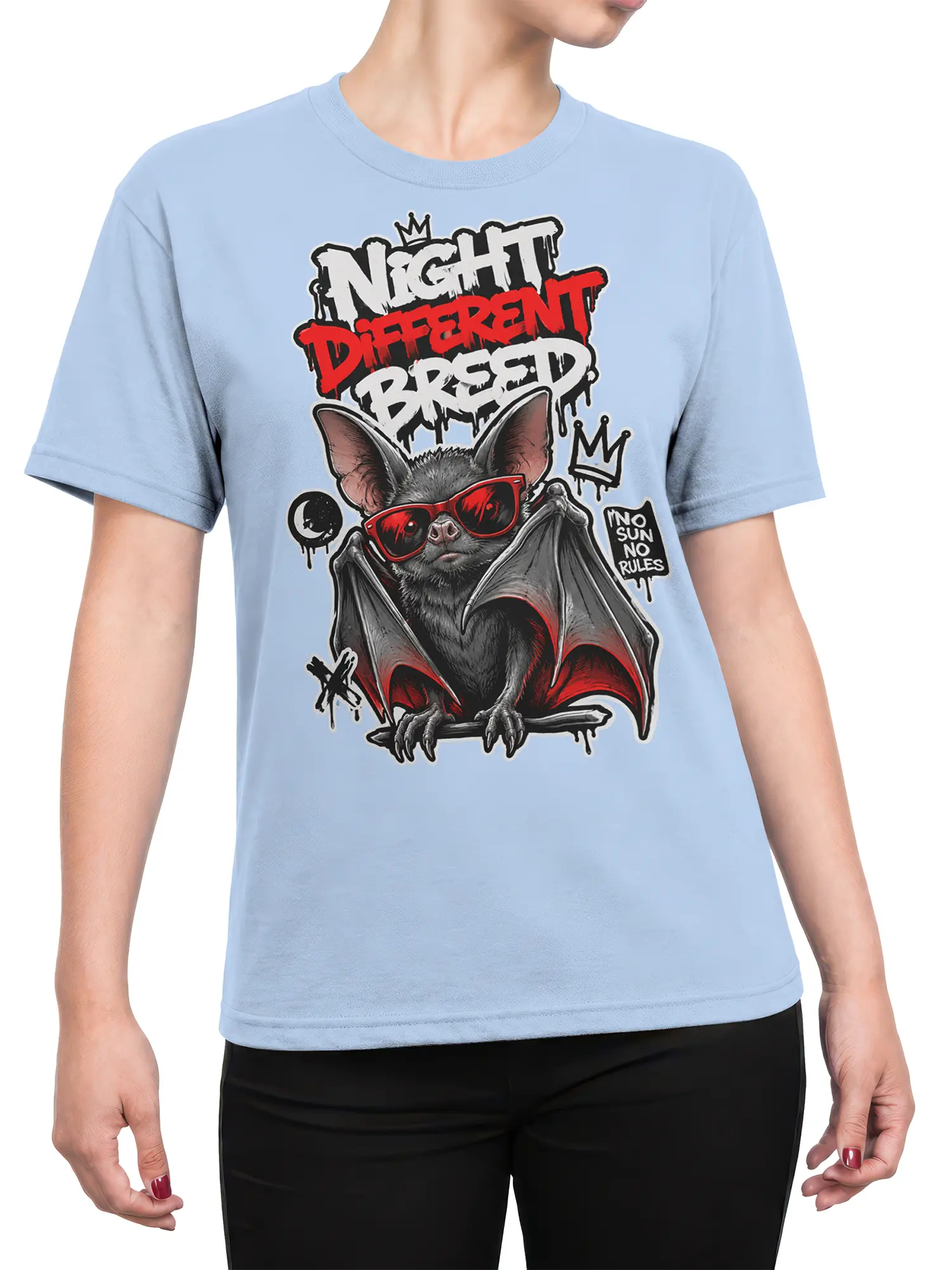 Female torso wearing a light blue T-shirt with a crowned bat in red sunglasses and bold lettering
