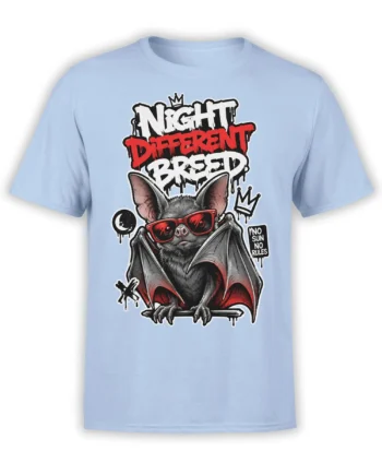 Crowned gray bat in red sunglasses on a light blue T-shirt with bold night-themed lettering