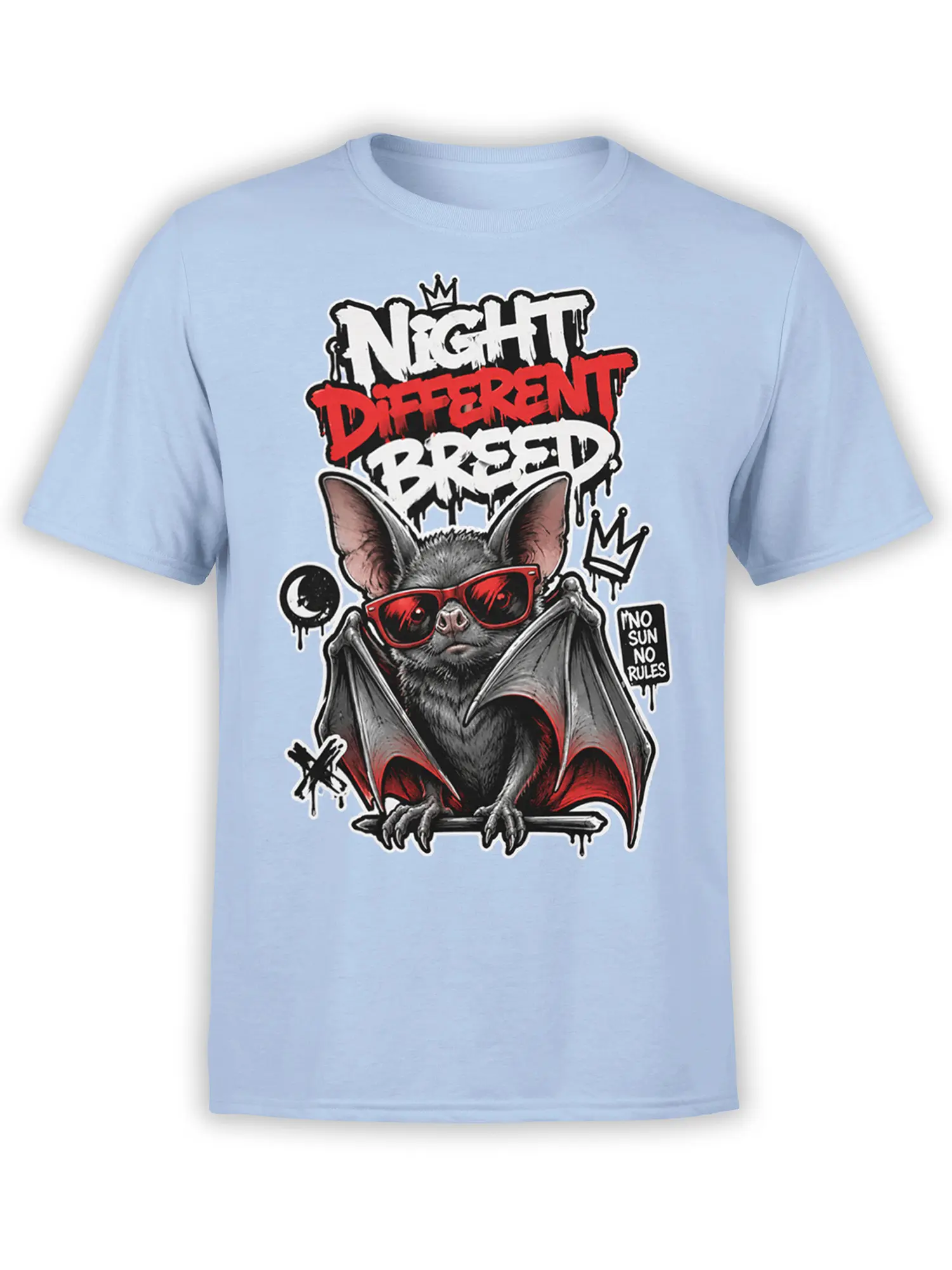 Crowned gray bat in red sunglasses on a light blue T-shirt with bold night-themed lettering