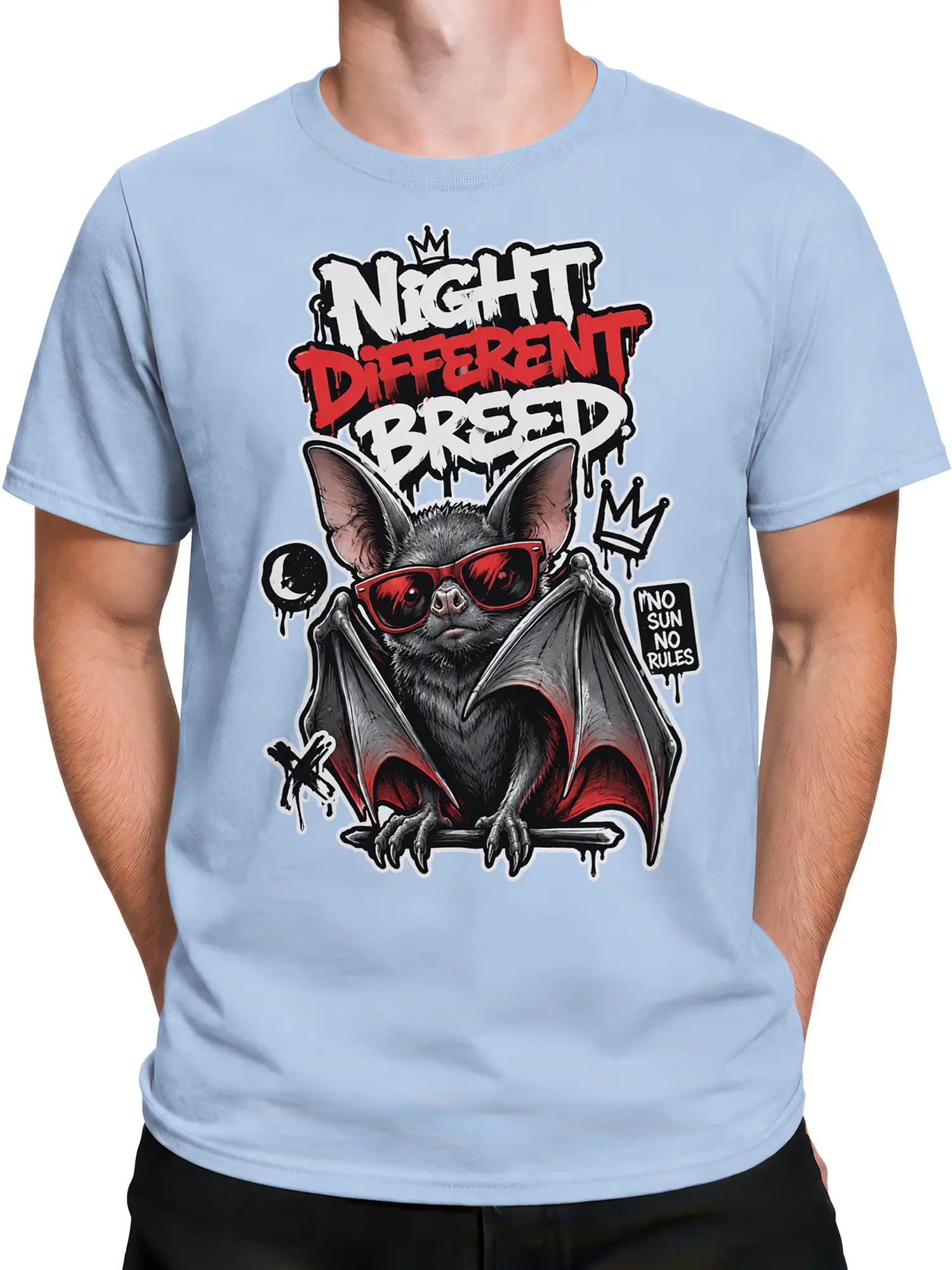 Male torso wearing a light blue T-shirt with a crowned bat in red sunglasses and bold lettering