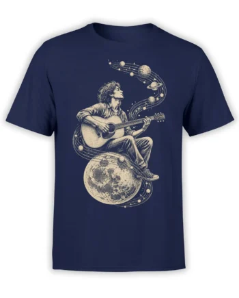 Navу T-shirt with a seated guitarist playing acoustic guitar among planets and orbital lines around a large moon