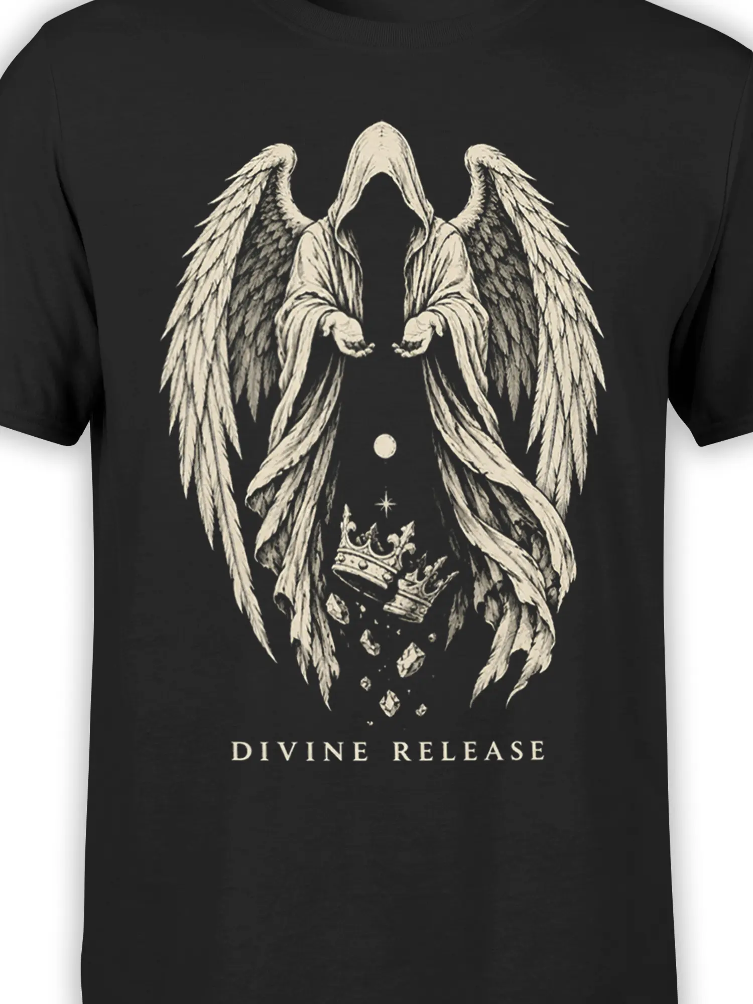 Close-up of the hooded winged figure and broken crown artwork on a black graphic shirt