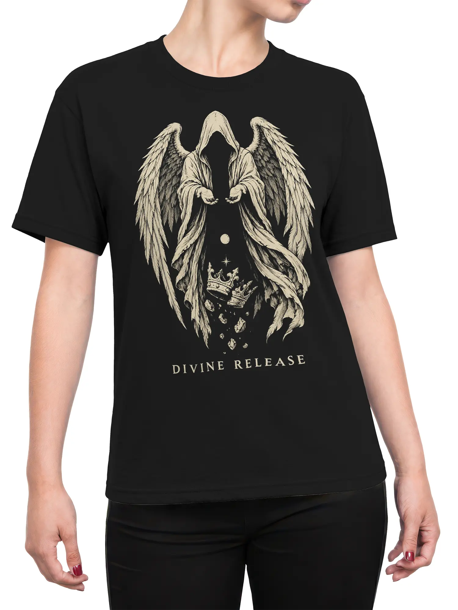 Female torso wearing a black shirt with Divine Release winged figure artwork