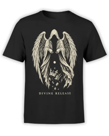 Black shirt with hooded winged figure, broken crowns, and Divine Release graphic in cream print