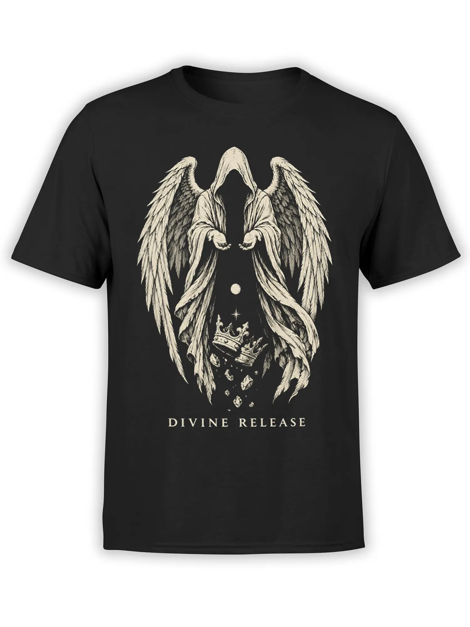 Black shirt with hooded winged figure, broken crowns, and Divine Release graphic in cream print