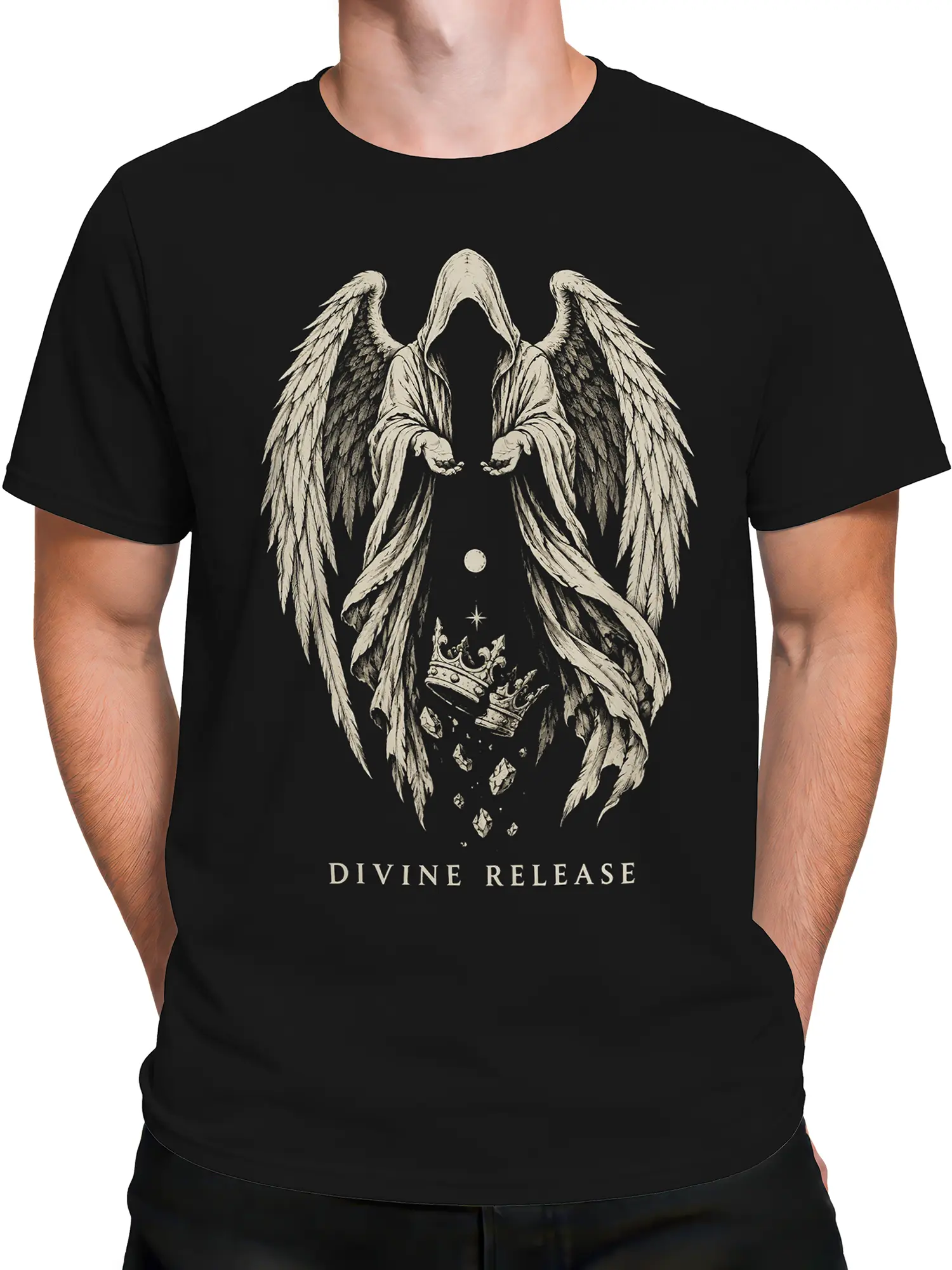 Male torso wearing a black shirt with hooded winged figure graphic