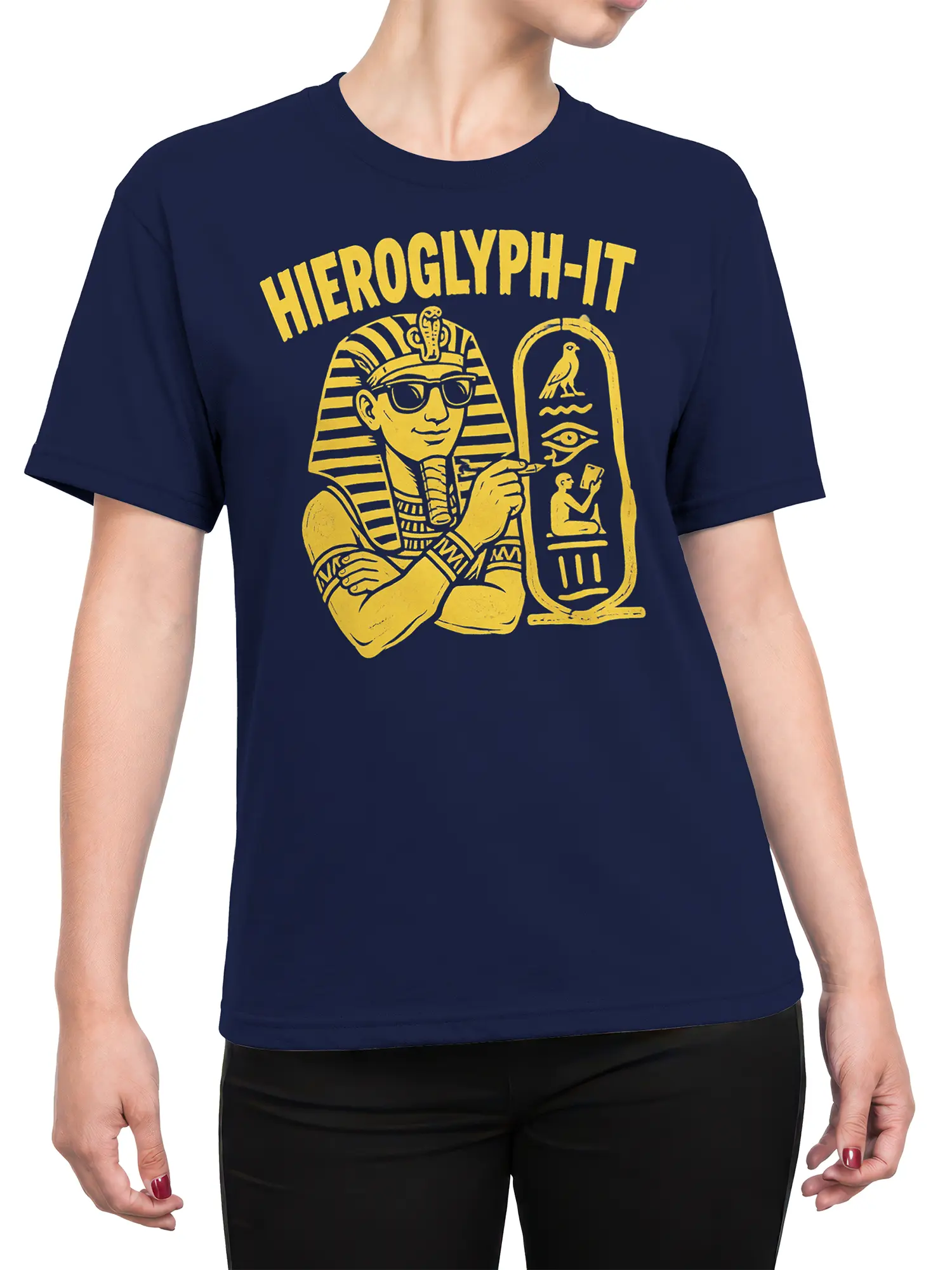 Female torso wearing a navy T-shirt with a golden Egyptian pharaoh graphic and ancient symbols