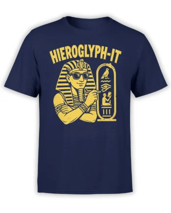 Egyptian pharaoh wearing sunglasses with golden ancient symbols on a navy graphic T-shirt