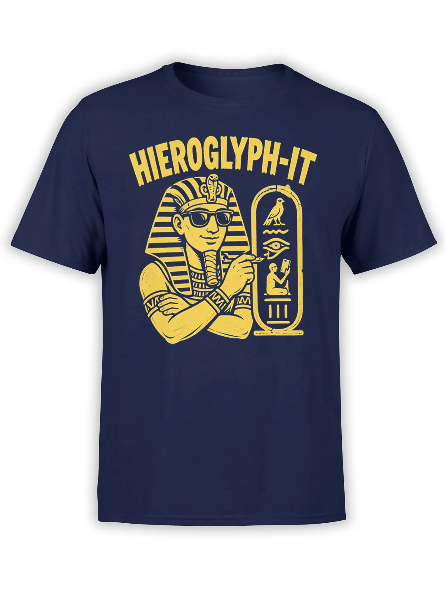 Egyptian pharaoh wearing sunglasses with golden ancient symbols on a navy graphic T-shirt