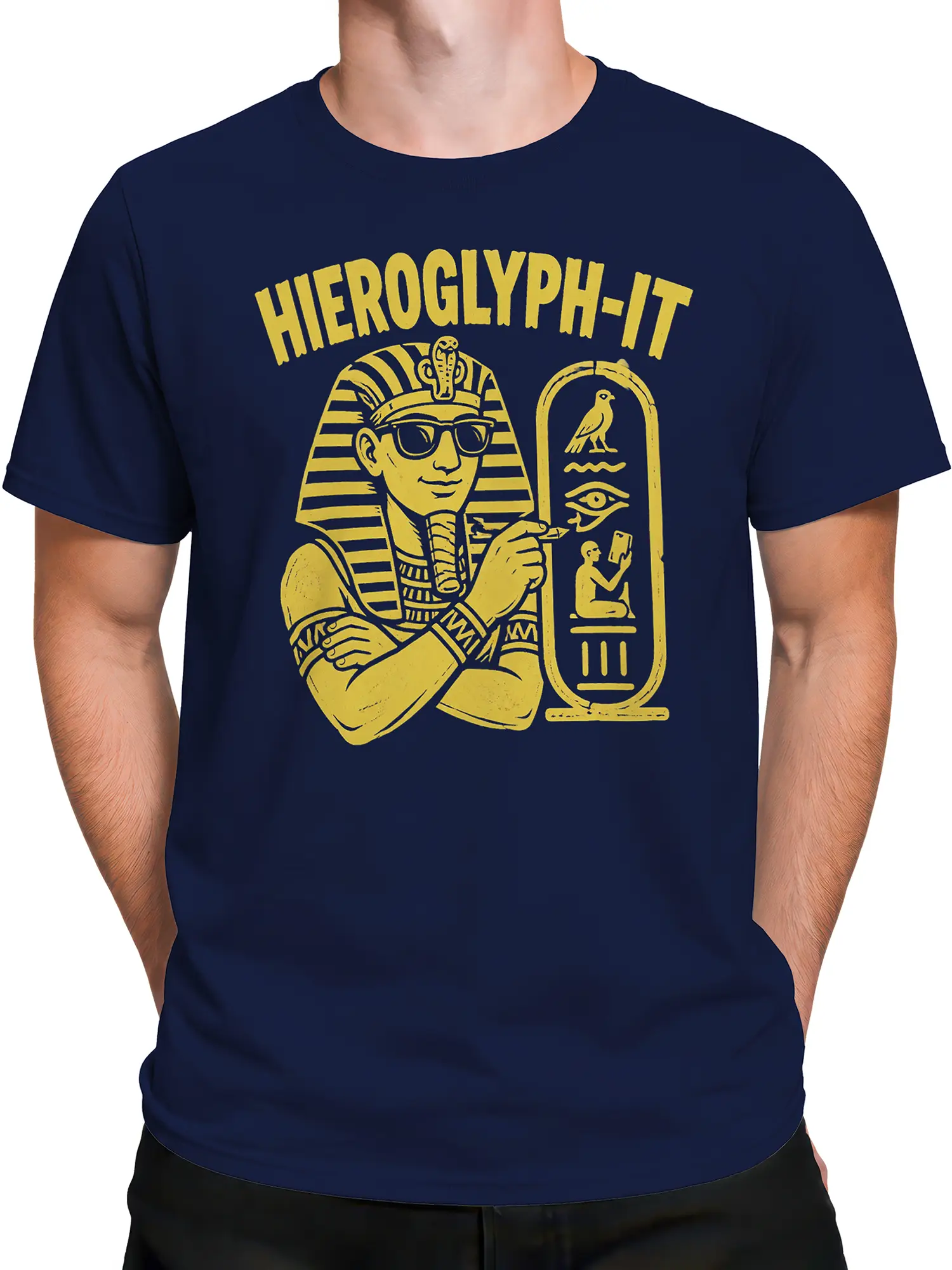 Male torso wearing a navy Egyptian T-shirt with a golden pharaoh and symbol artwork