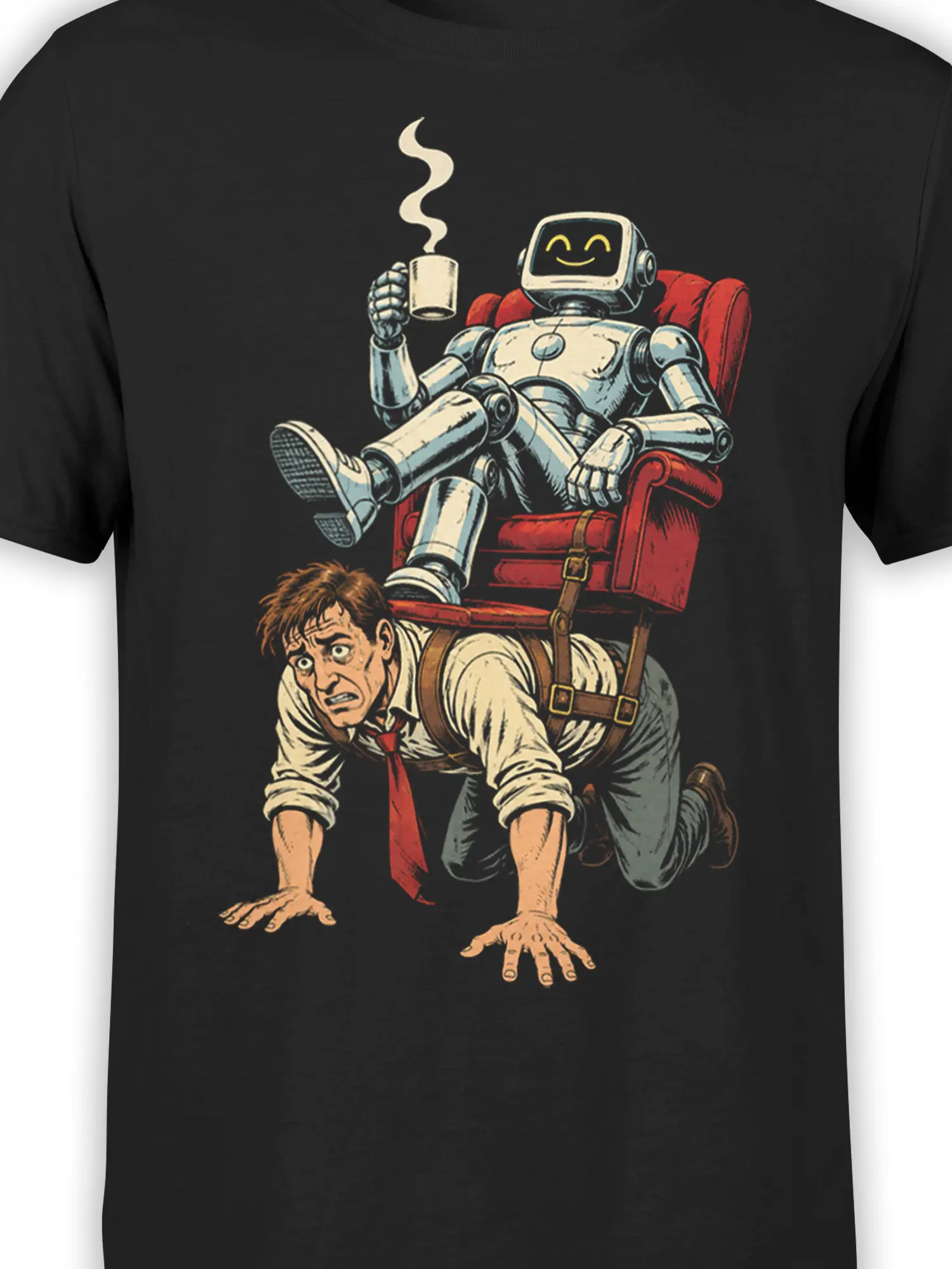 Close-up of the smiling coffee-holding robot and red armchair on a black T-shirt
