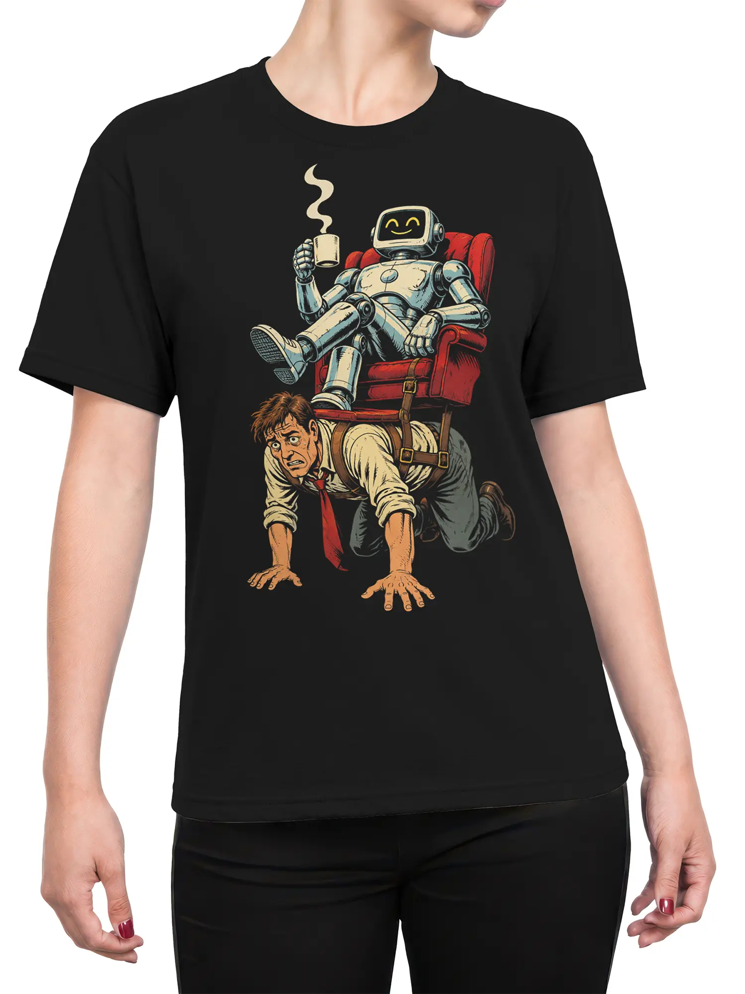 Female torso wearing a black T-shirt with a lounging coffee-holding robot and crawling human design