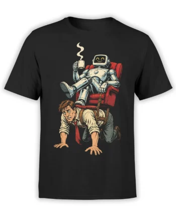Black T-shirt with a smiling robot drinking coffee in a red armchair above a crawling worried human